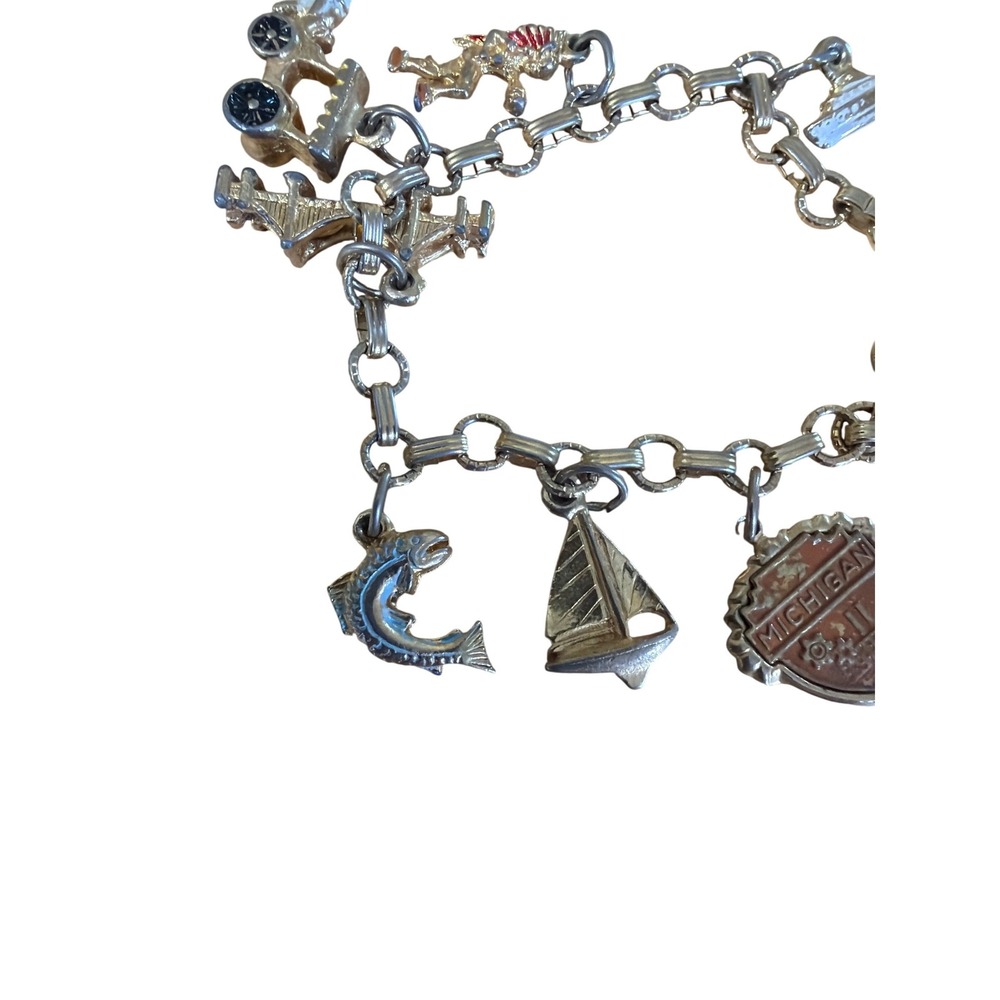 Vintage Michigan Souvenir Charm Bracelet Gold Tone Mackinac Bridge Sailboat Fish